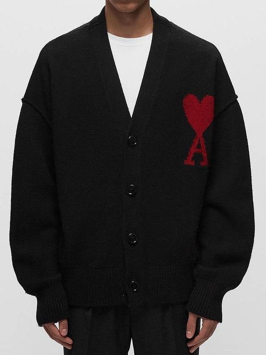 Heart Logo V Neck Wool Cardigan Black - AMI - BALAAN 2