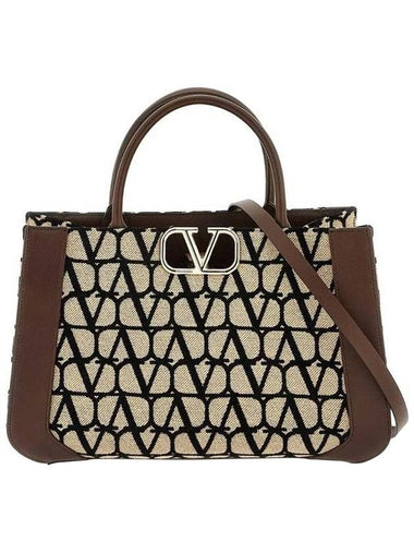 Medium V Logo Signature Iconograph Hand Tote Bag Black Beige - VALENTINO - BALAAN 1