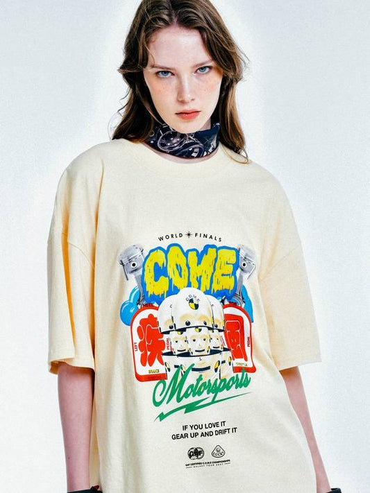 Motorsports Oversized Printed Cotton Jersey T Shirt Beige - C.O.M.E - BALAAN 1