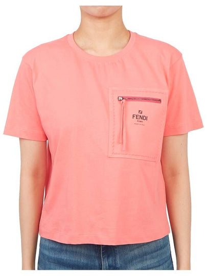 Logo Zipper Pocket Cropped Short Sleeve T-Shirt Pink - FENDI - BALAAN 2