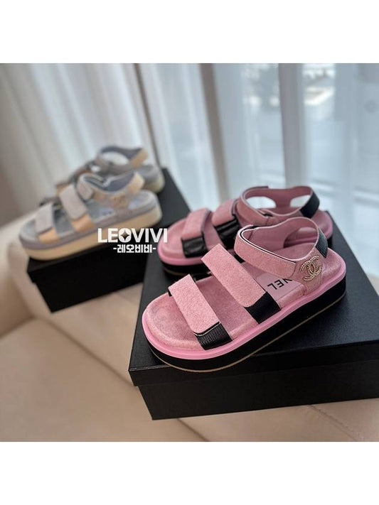 CC Logo Gold Velcro Suede Strap Sandals Pink Black 37 G38062 - CHANEL - BALAAN 1