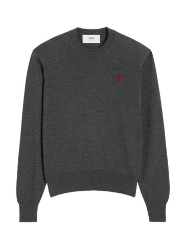 Heart Embroidered Logo Crew Neck Knit Top Heather Grey - AMI - BALAAN 1