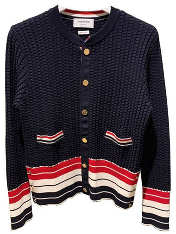 MKC308B Y3009 415 Texture Classic Fit Crew Neck Cardigan Navy Women’s Knit TTA - THOM BROWNE - BALAAN 1