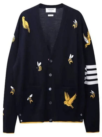 Diagonal Stripe Bird Bee Intarsia Merino Wool Cardigan Men - THOM BROWNE - BALAAN 1