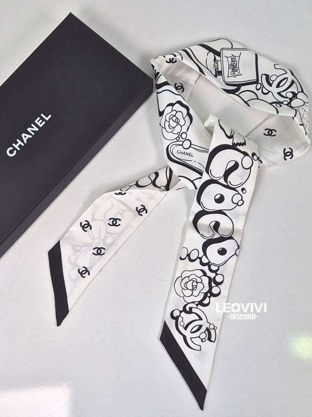 CC Logo Lettering Silk Twilly Petite Scarf Slim Bandeau White Black AAA190 - CHANEL - BALAAN 3