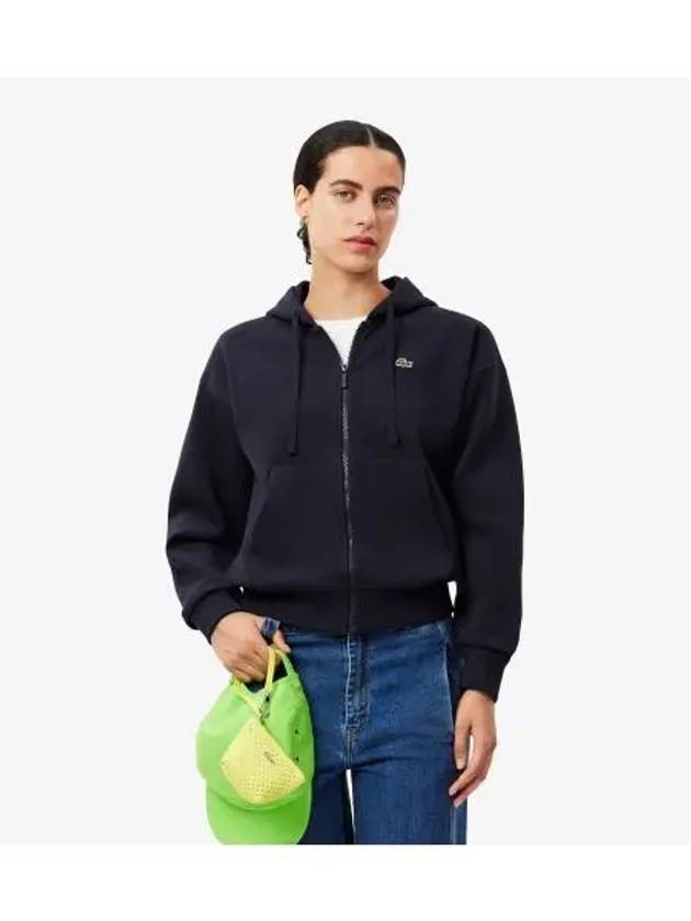 Women s Double Face Pique Hooded Zip Up Dark Navy - LACOSTE - BALAAN 1