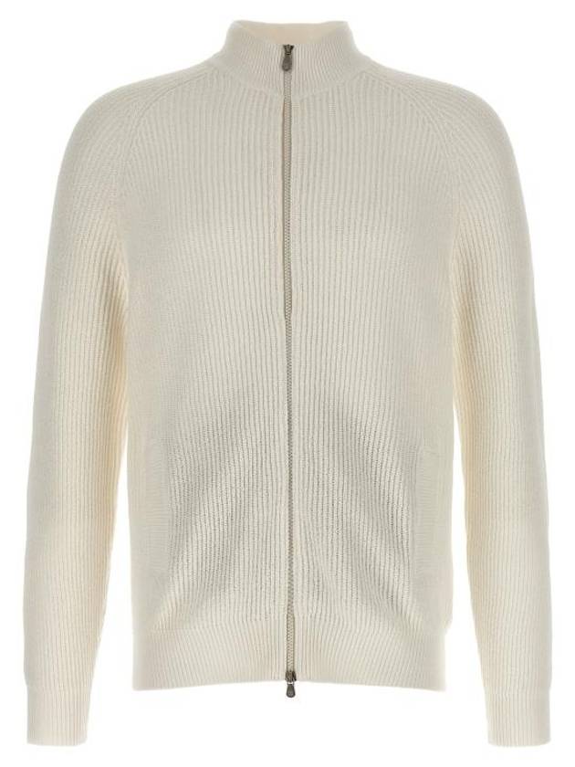 Ribbed Cotton Full-Zip Cardigan White - BRUNELLO CUCINELLI - BALAAN 1