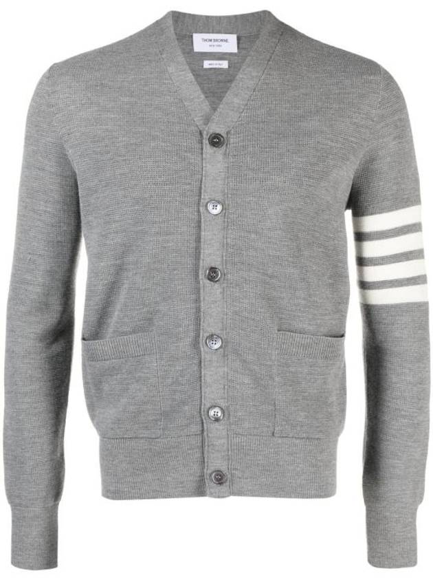 4-Bar Striped Waffle High V-Neck Cardigan Light Grey - THOM BROWNE - BALAAN 2