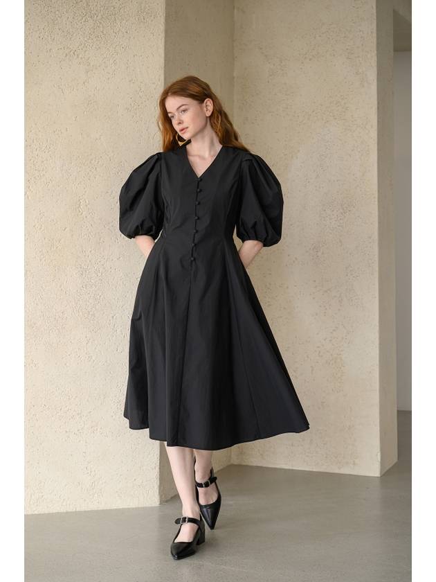 Vneck Puff Sleeve A-Line Dress Black - CAHIERS - BALAAN 10