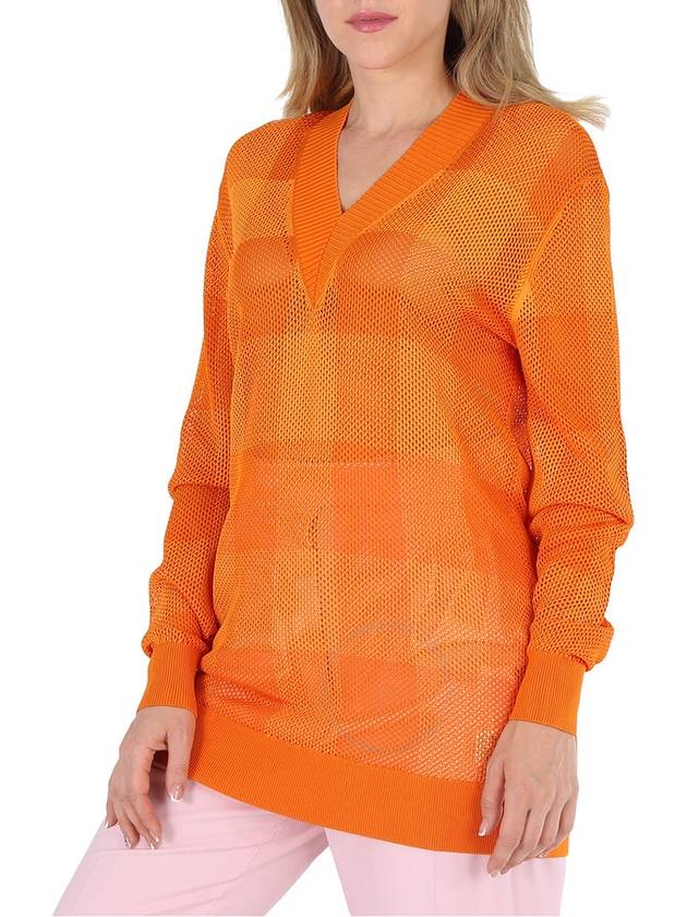 Burberry Ladies Deep Orange Zoie Check Mesh Lace V-Neck Jumper, Size Large - BURBERRY - BALAAN 3