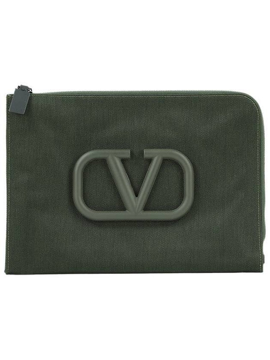 V Logo Nylon Clutch Bag Khaki - VALENTINO - BALAAN.