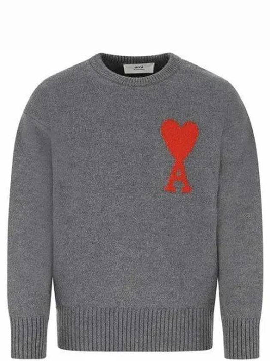 Big Heart Logo Intarsia Wool Knit Top Grey - AMI - BALAAN 2