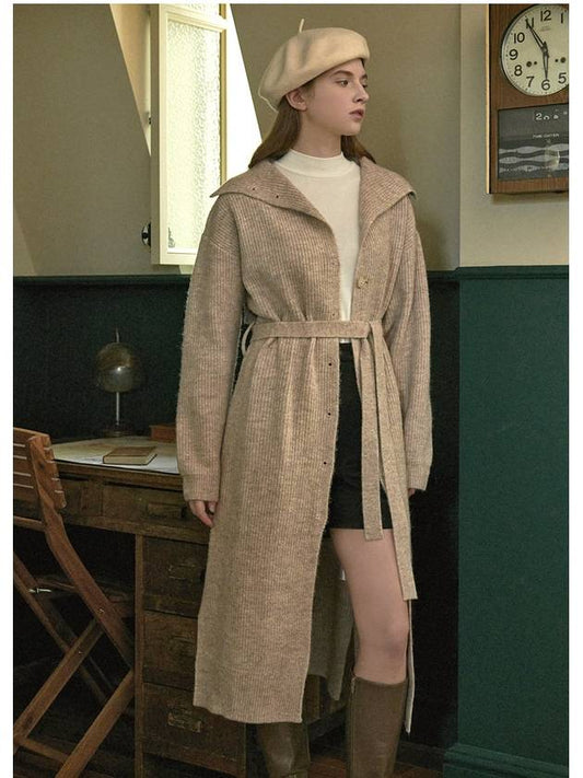 Women's Elegant Long Wool Knit Cardigan Beige - MICANE - BALAAN 2