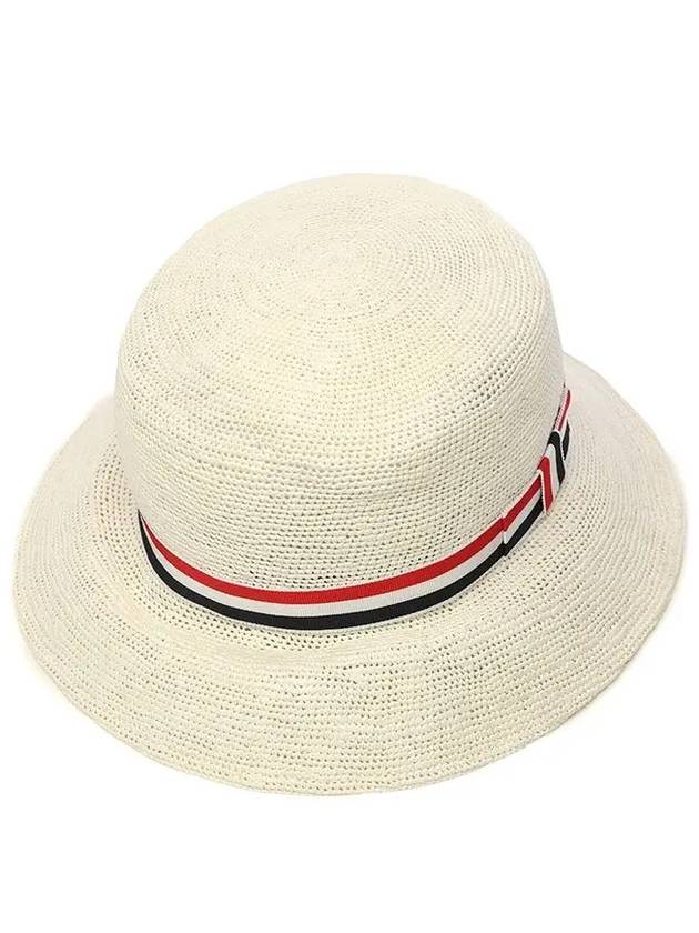 Rattan Three Stripes RWB Straw Bucket Hat White - THOM BROWNE - BALAAN 3