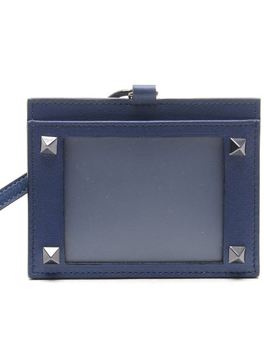 Rockstud Badge Leather Card Wallet Navy - VALENTINO - BALAAN 2