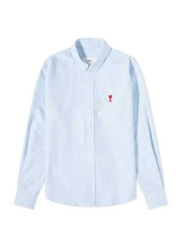 Embroidered Heart Logo Check Long Sleeve Shirt White Blue - AMI - BALAAN.