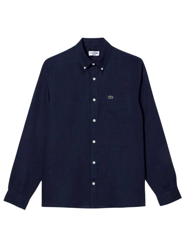 Logo Patch Linen Long Sleeve Shirt Navy - LACOSTE - BALAAN 2