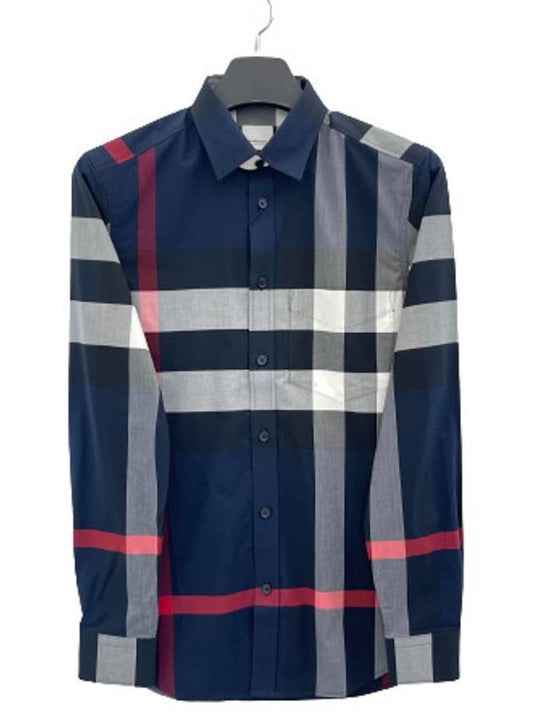 Men's Checked Stretch Cotton Poplin Long Sleeve Shirt Navy - BURBERRY - BALAAN 2