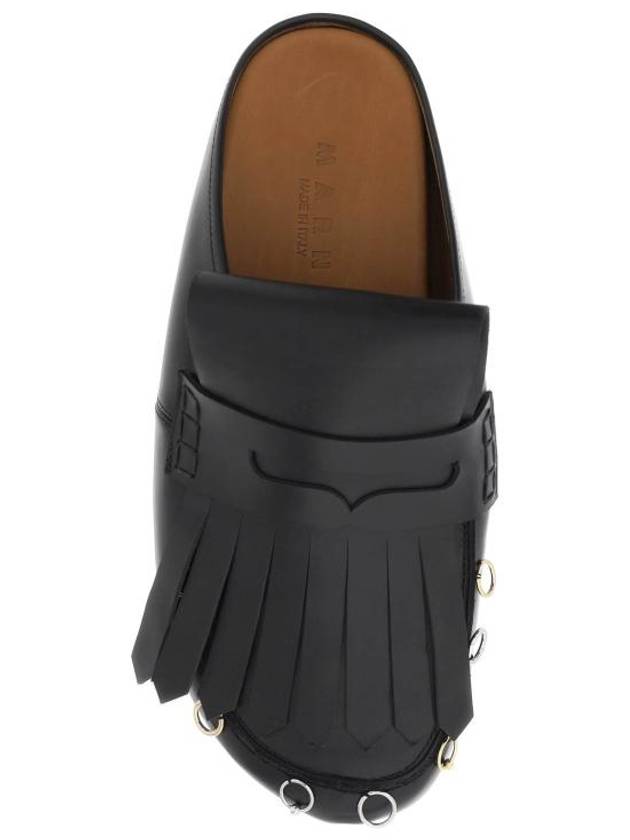 Fringe Pierced Detail Leather Mules Sandals Black - MARNI - BALAAN 3