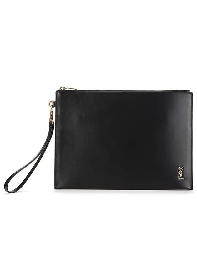 Tiny Cassandre Shiny Leather Zip Tablet Clutch Bag Black - SAINT LAURENT - BALAAN 3