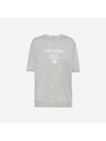 Women's Logo Cashmere Knit Top Grey - PRADA - BALAAN 1