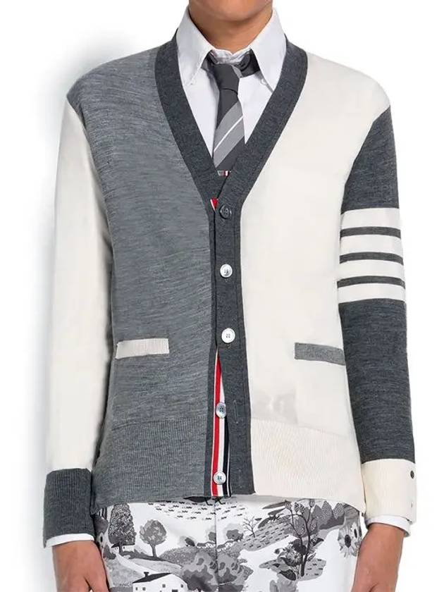 Men's Sustainable Classic Diagonal Wool Cardigan Tonal Grey - THOM BROWNE - BALAAN 4