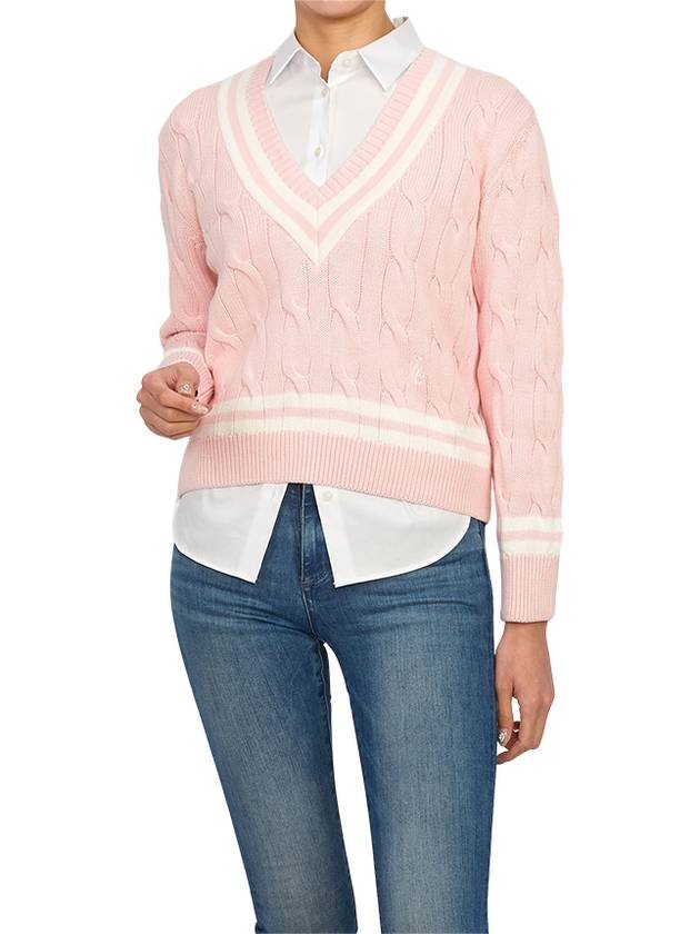 Women's Embroidered Logo Striped Cotton Knit Top Baby Pink - SPORTY & RICH - BALAAN 6