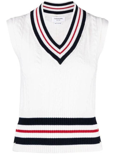 RWB Cable V Neck Cashmere Vest White - THOM BROWNE - BALAAN 1