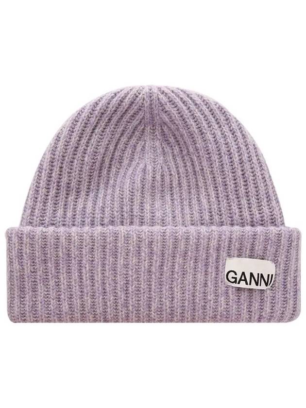 Logo Patch Ribbed Knit Beanie Purple - GANNI - BALAAN 2