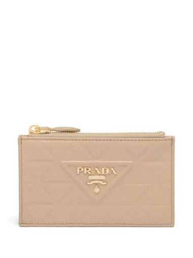 Triangle Embossed Logo Decoration Card Wallet Beige - PRADA - BALAAN 1