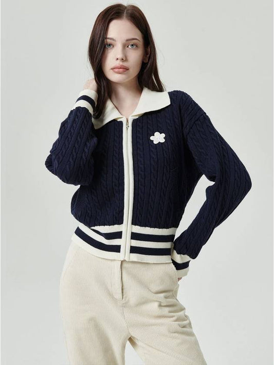 Mouse flower cable knit zip-up navy - GOXO - BALAAN 1