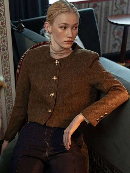 Women's Gabrielle Wool Herringbone Crop Jacket Brown - DEFEMME - BALAAN 2