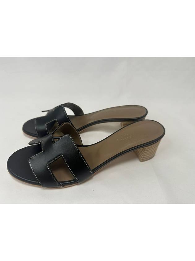 Oasis Calfskin Slipper Heels Noir Piqures Ecrues - HERMES - BALAAN 3