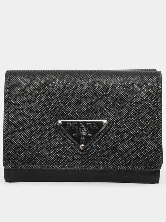 Triangle Logo Saffiano Leather Half Wallet Black - PRADA - BALAAN 2