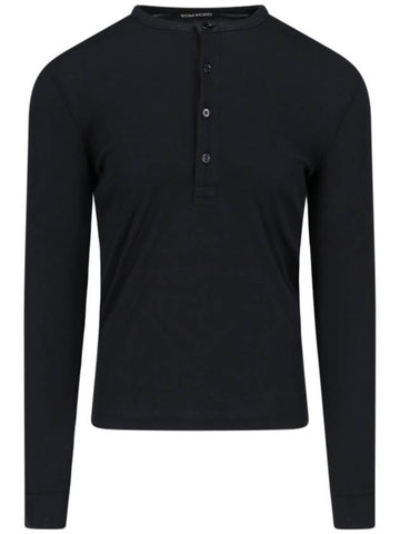 Lyocell Cotton Rib Henry Long Sleeve T-Shirt Black - TOM FORD - BALAAN 1