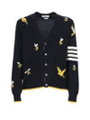 Men's Merino Bird Bee 4 Bar V-Neck Merino Cotton Cardigan Navy - THOM BROWNE - BALAAN 2