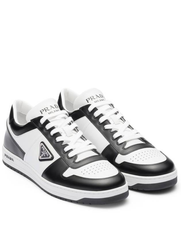 Men's Downtown Triangle Logo Leather Low Top Sneakers Black White - PRADA - BALAAN 3