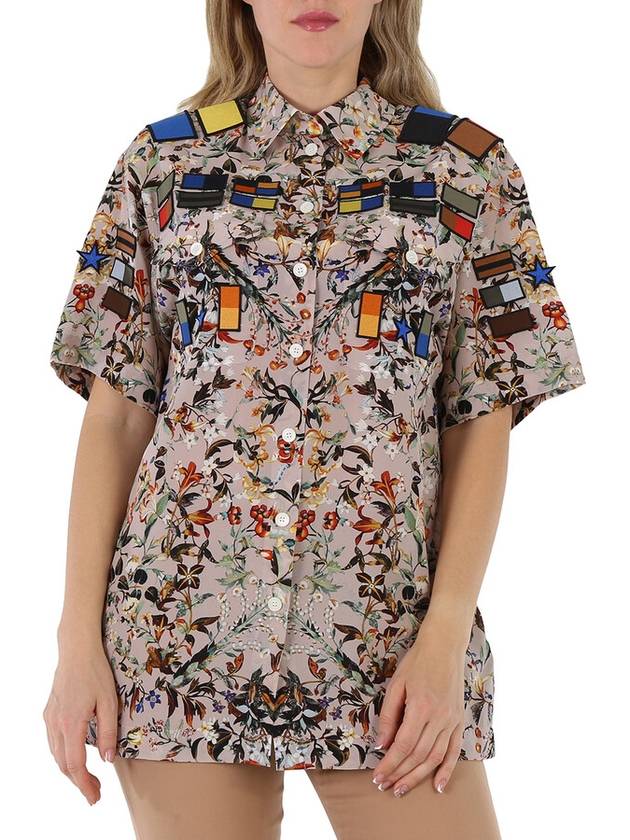 Burberry Badge Appliques Iris Floral-Print Silk Crepe De Chine Oversized Shirt, Brand Size 4 (US Size 2) - BURBERRY - BALAAN 1