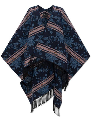 Etro Wool Poncho With Floral Motif, Women's, Navy Blue - ETRO - BALAAN 1