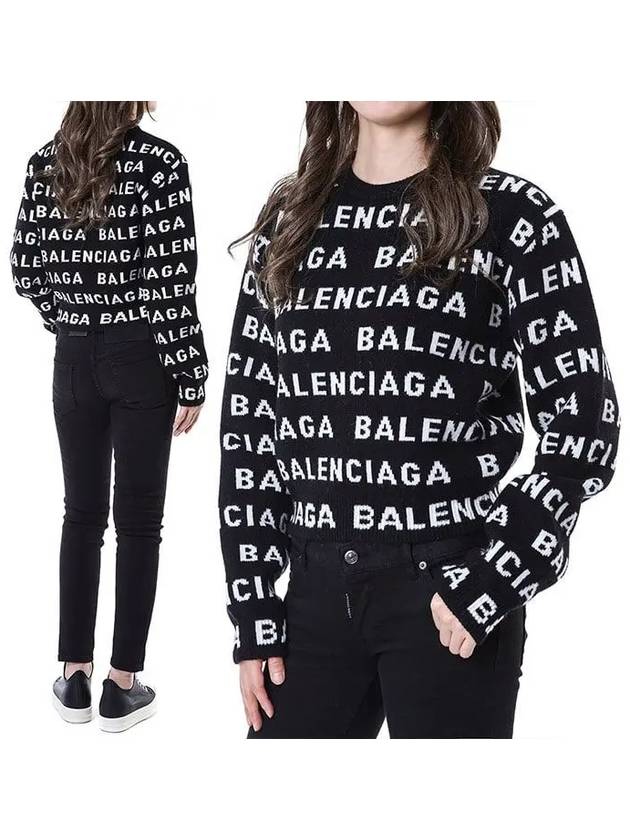 Intarsia All-Over Logo Crew Neck Knit Top Black - BALENCIAGA - BALAAN 3