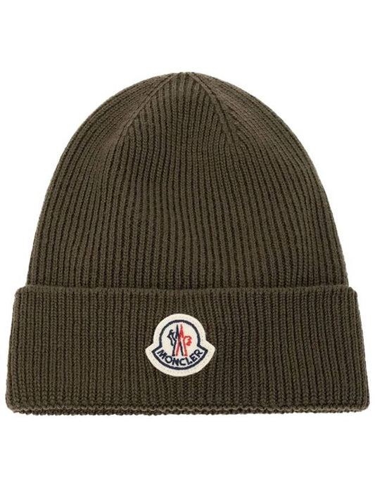 Logo Patch Wool Beanie Khaki 3B70500A9342818 - MONCLER - BALAAN 1