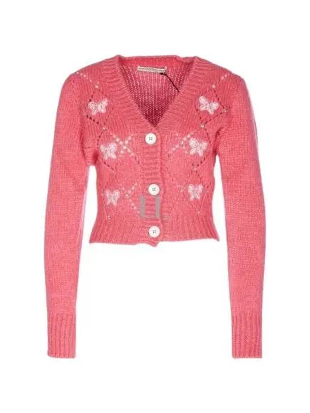 Embroidered Butterfly Pointel Alpaca Cardigan Pink - ALESSANDRA RICH - BALAAN 2