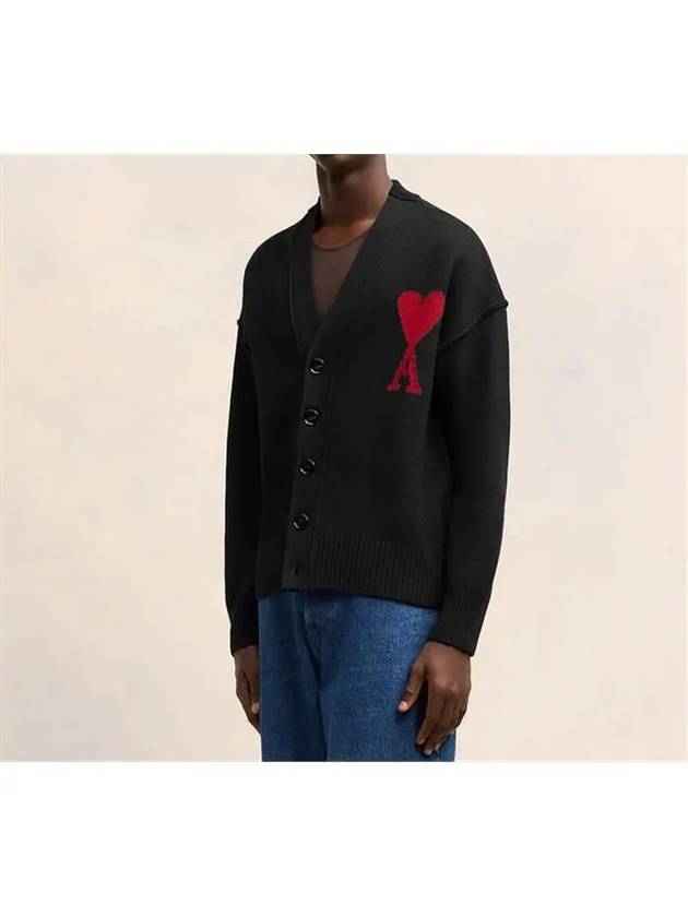 Heart Logo V Neck Wool Cardigan Black - AMI - BALAAN 5