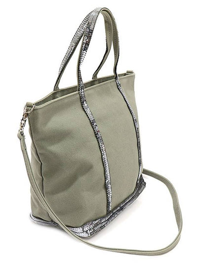 Khaki Gray Cotton Silver Sequin Small Cabas Bag Tote 2WAY - VANESSA BRUNO - BALAAN 2