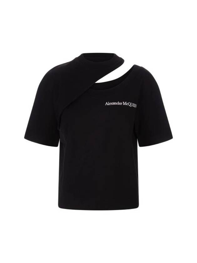 Embroidery Logo Cut-Out Short Sleeve T-Shirt Black - ALEXANDER MCQUEEN - BALAAN 2