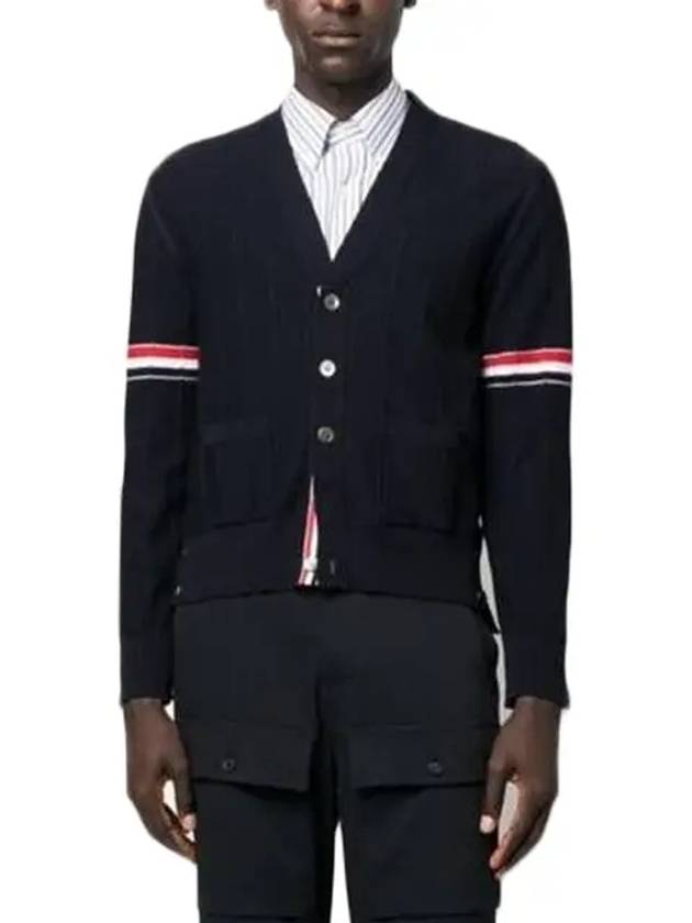 RWB V-neck Striped Virgin Wool Cardigan Navy - THOM BROWNE - BALAAN 4