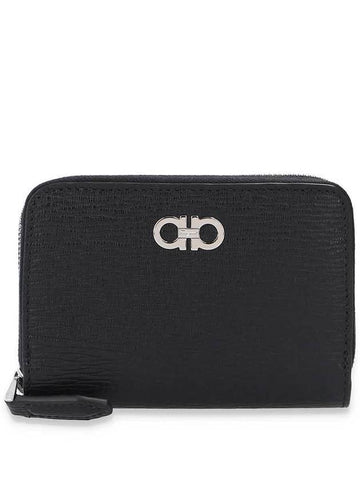 Gancini Logo Plaque Leather Zipper Card Wallet Black - SALVATORE FERRAGAMO - BALAAN 1