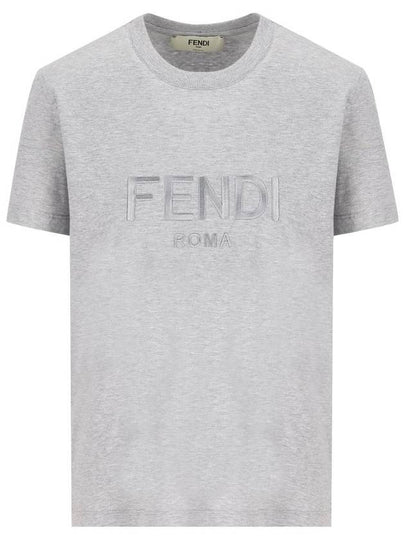 Lettering Embroidered Short Sleeve Cotton T-Shirt Grey - FENDI - BALAAN 2