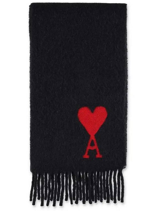 Heart Logo Oversized Wool Fringe Scarf Black - AMI - BALAAN 2