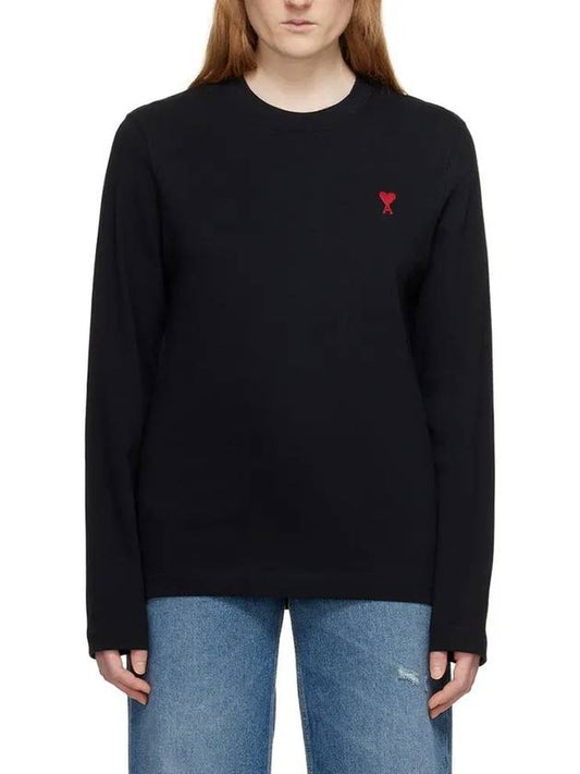 Chain Stitch Heart Logo Long Sleeve T-Shirt Black - AMI - BALAAN 2